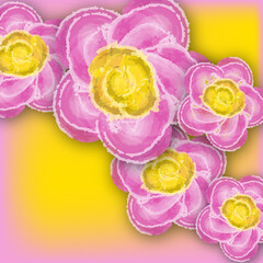 An arrangement of pink and yellow flowers is featured.