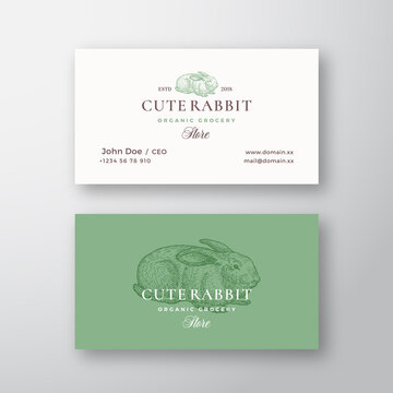Cute Rabbit Organic Grocery Store. Abstract Vector Logo and Business Card Template. Hand Drawn Engraving Style Rabbit Sillhouette Sketch with Retro Typography. Vintage Stationary Emblem. Isolated