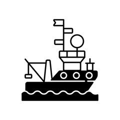 Research vessel black linear icon. Ship or boat designed and equipped to carry out research at sea or ocean. Carry out number of roles. Outline symbol on white space. Vector isolated illustration