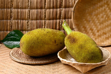 Young jackfruit in a bamboo basket, Food ingredient in Southeast Asia cuisine