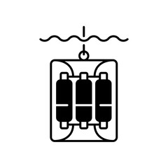 Water sampler black linear icon. Water sampling devices. Bucket dropped over side of boat. Large water bottles sent into ocean on wire. Outline symbol on white space. Vector isolated illustration
