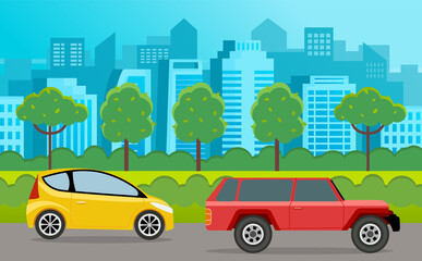 Modern car parking along town street in cartoon style. Vehicles car on city street