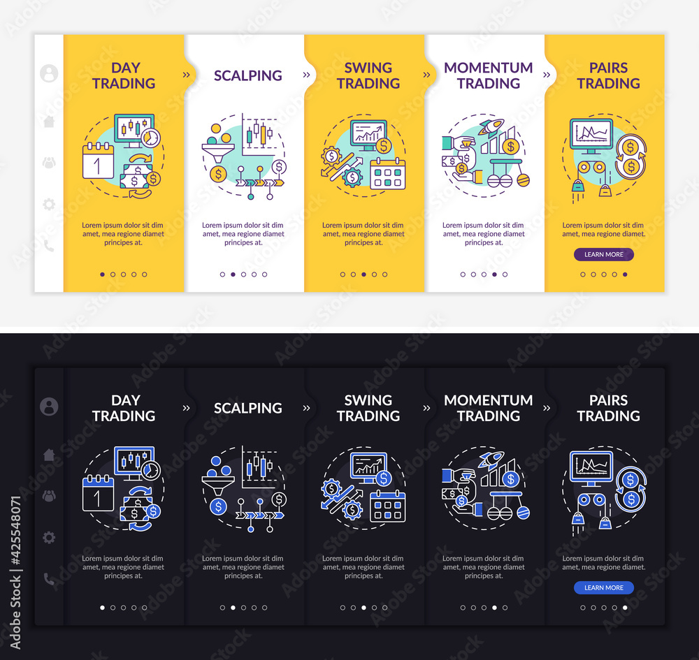 Poster stockbroking strategies onboarding vector template. responsive mobile website with icons. web page w