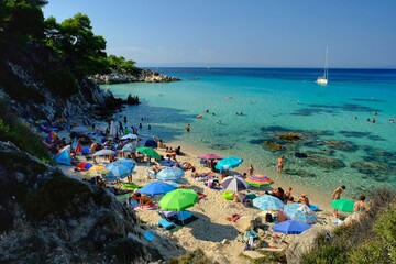 Chalkidiki, Greece - August 14, 2017 : Panoramic view of a paradisiac beach in Chalkidiki Greece