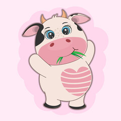 Fat cartoon cute cow with pink heart.