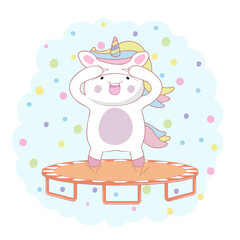Cute happy cartoon unicorn jumping trampoline. Greeting card.