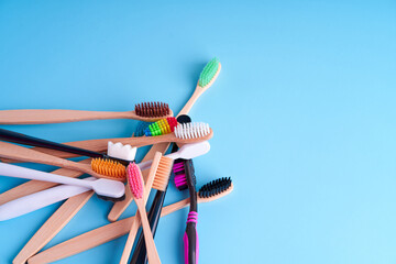 Bunch of toothbrushes. Choosing toothbrush. Oral hygiene