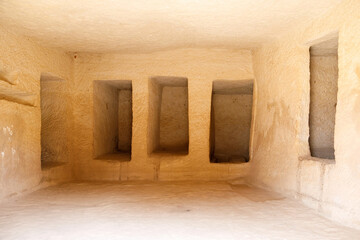Al Ula, Saudi Arabia, February 19 2020: Burial chamber carved in stone in the tombs of Jabal Al Banat - 425548874