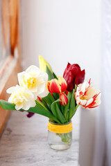 A bunch of tulips on the window. Still life with colorful tulip flowers bouquet  on window sill