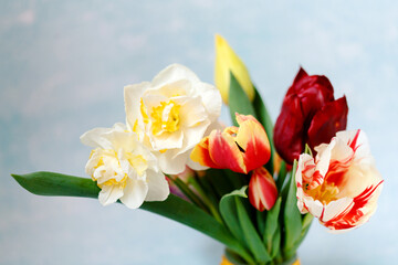 A bunch of tulips on the window. Still life with colorful tulip flowers bouquet  on window sill