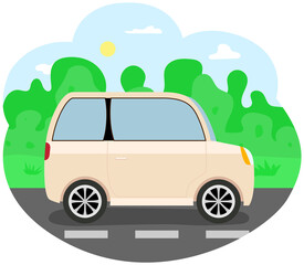 Modern car parking along town street in cartoon style. Vehicles car on city street