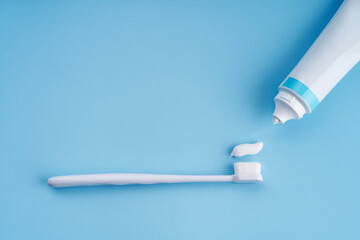 Fashionable toothbrush with soft bristles. Popular toothbrushes. Hygiene trends. Top view with a...