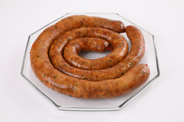 Local Northern Thai food , Northern Thai spicy sausage street food isolated in white background