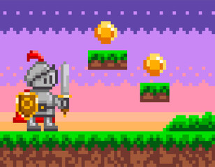 Fototapeta premium Pixel-game knight brave character. Pixelated natural landscape with warrior holding shield and sword