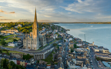 Fototapeta St Colman's Cathedral Cobh Cork Ireland aerial amazing scenery view Irish landmark traditional town  obraz