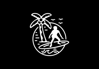 Black and white surfer and coconut tree illustration tattoo