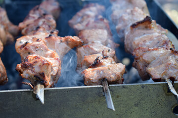barbecue in the smoke. juicy grilled meat with smoke