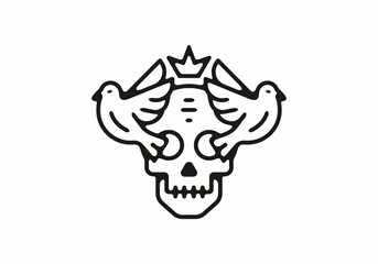 King skull with twin bird line art tattoo