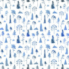 Watercolor trees seamless pattern. Blue forest hand drawn background