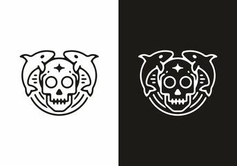 Skull and shark line art illustration tattoo
