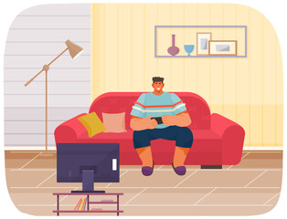 Guy playing on smartphone sitting on couch. Person with phone looks at screen of television