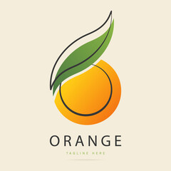 Abstract bright taste fruit citrus orange logo with green leaf sign.Design template fresh icon,juice concentrate symbol from curved lines.Print for pattern textile fabric.Vector isolated illustration