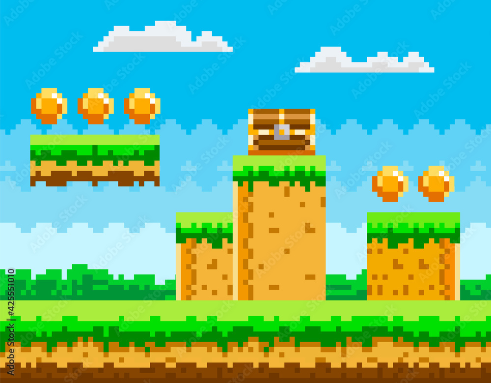 Poster pixel-game background with coins in sky. pixel art game scene with green grass platform and chest