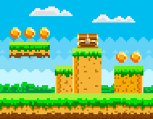 Pixel-game background with coins in sky. Pixel art game scene with green grass platform and chest