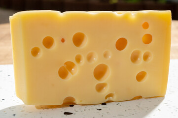 Cheese collection, blocks of French emmentaler cheese with many round holes made from cow milk