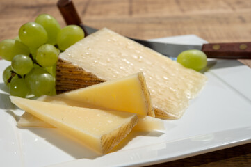 Cheese collection, piece of spanisch hard manchego cheese made in La Mancha region from sheep milk with green grapes