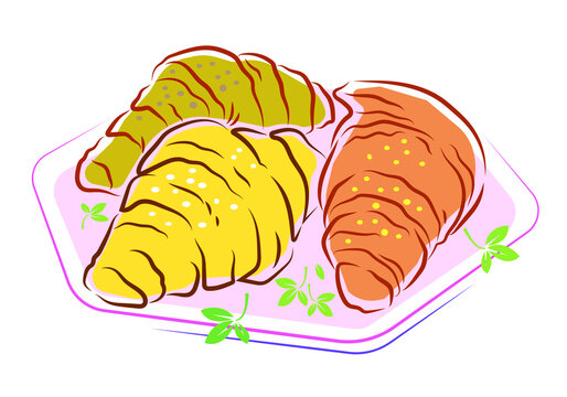 Vector image of croissants on a plate. Line drawing in color.