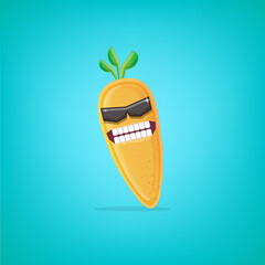 vector funny cartoon carrot character with sunglasses isolated on azure background. funky smiling summer vegetable character