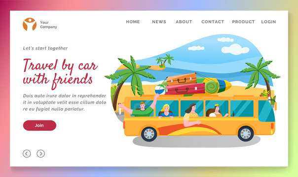Travel around world with friends. Website landing page template. Characters going on tour