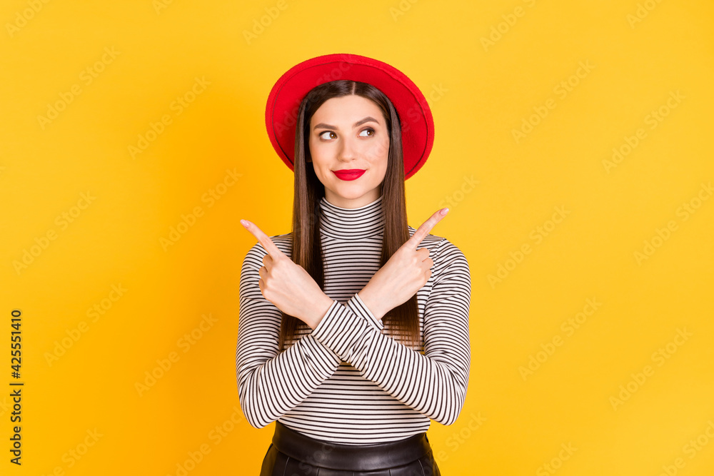 Sticker Photo of young girl wear red hat crossed hands indicate finger empty space advice ad suggest isolated over yellow color background