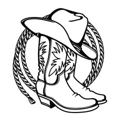 Cowboy boots and western hat. Vector graphic hand drawn illustration rodeo cowboy clothes isolated on white for print or design - 425551412