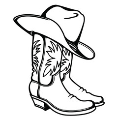 Cowboy boots and western hat. Vector graphic hand drawn illustration rodeo cowboy clothes isolated on white for print or design - 425551438