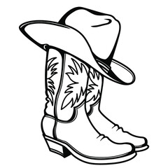 Cowboy boots and western hat. Vector graphic hand drawn illustration rodeo cowboy clothes isolated on white for print or design