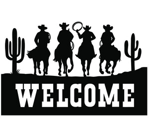 Cowboys driving horses silhouette. American Desert Cowboy welcome sign with cactuses. Vector Black silhouette of Arizona Desert Graphic illustration isolated on white