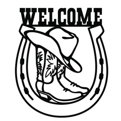 Cowboy boots and western hat. Vector graphic black cowboy Welcome sign illustration horseshoe rodeo isolated on white for print or design