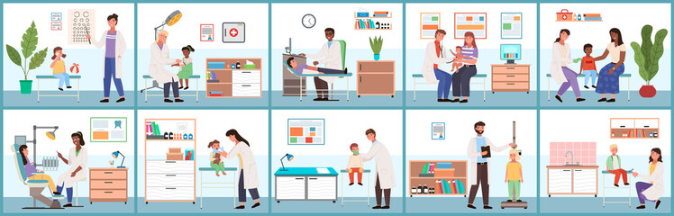 Set of illustrations about provision of medical services. Doctor working with patients in hospital