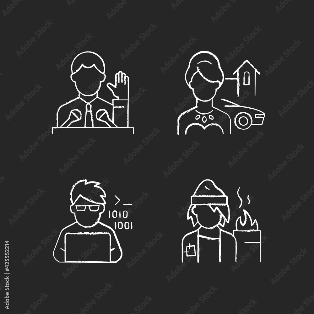 Poster social status type chalk white icons set on black background. political elite. upper and lower class