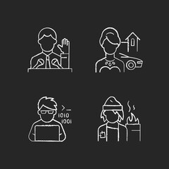 Social status type chalk white icons set on black background. Political elite. Upper and lower class. Programmer, computer expert. Different people. Isolated vector chalkboard illustrations