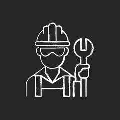 Blue collar worker chalk white icon on black background. Repairman with wrench. Mechanic with tool for construction work. Profession, occupation. Social class. Isolated vector chalkboard illustration