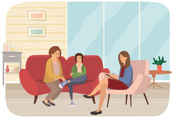 Conversation between mother, troubled teenager and female psychologist, psychotherapist makes notes