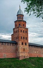Fortress wall and tower. Kremlin in the city of Novgorod, Russia