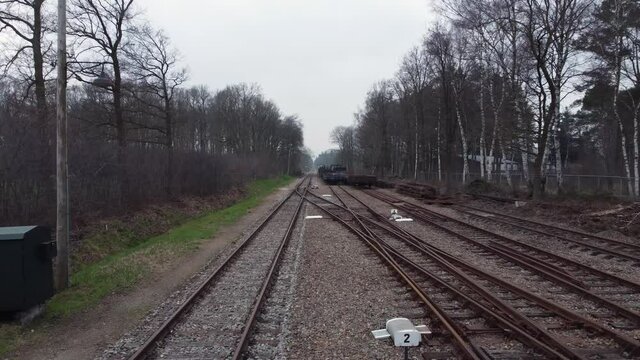 Old historical wagons on the train track in Loenen, the Netherlands, Aerial view