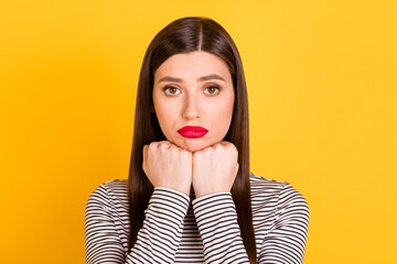 Photo of young girl hands touch chin unhappy sad upset offended stressed depressed fail isolated...