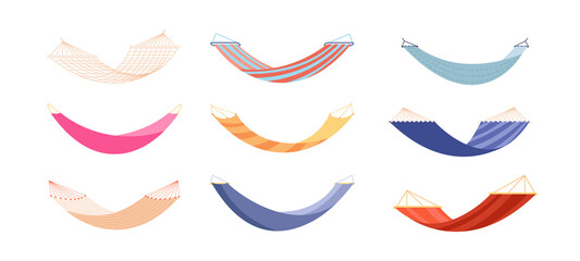 Hammocks. Relaxation hammock, modern relax lifestyle decoration. Isolated fabric swing for beach or summer outdoor recreation rest vector set