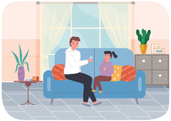 Dad treats little child with colds or virus infection. Girl takes pills. Sick people stay at home