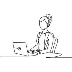 Continuous one line of girl operator with headset and laptop in silhouette. Minimal style. Perfect for cards, party invitations, posters, stickers, clothing. Black icon. Office manager or online confe